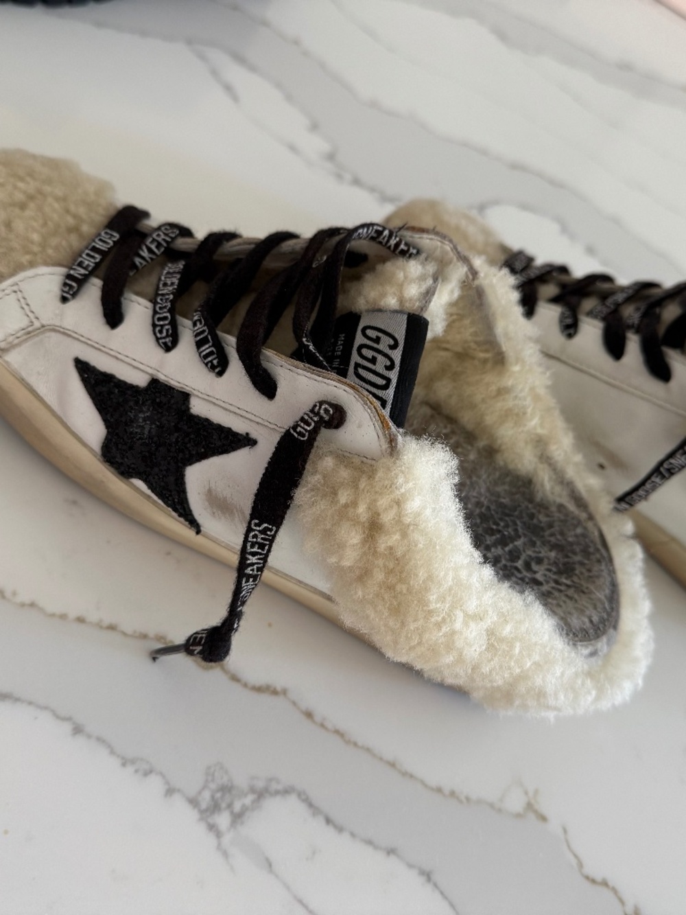 Golden Goose White Leather Sneakers with Cream Shearling and Black Laces